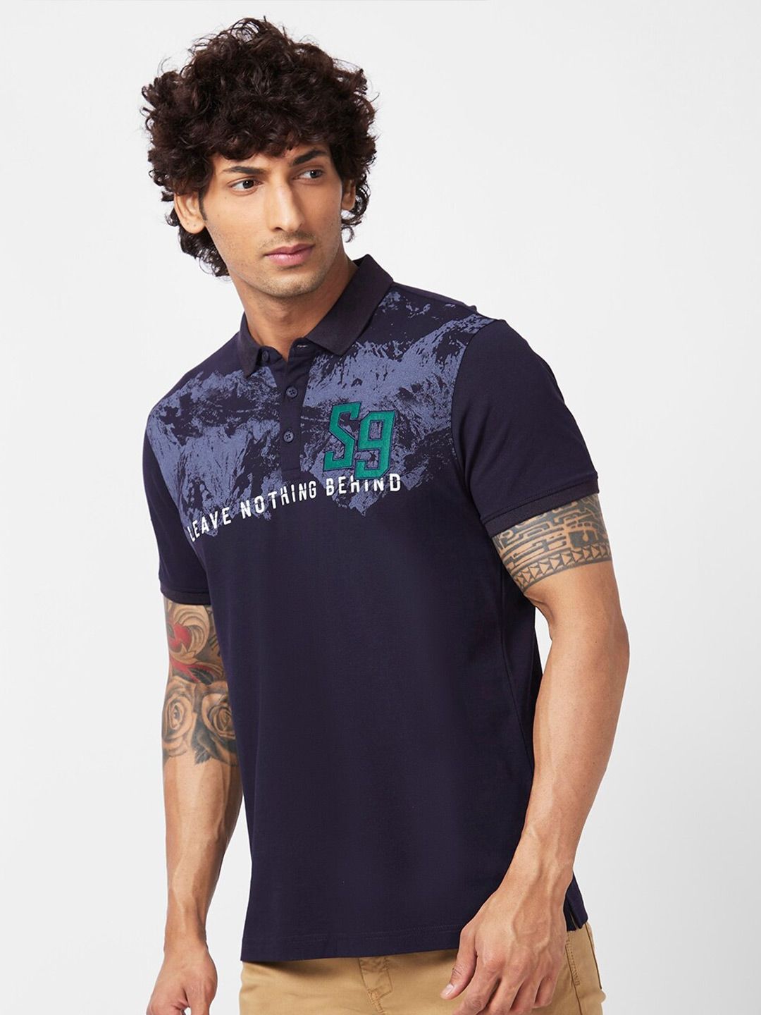 SPYKAR Graphic Printed Polo Collar Applique Slim Fit Cotton Casual T-shirt