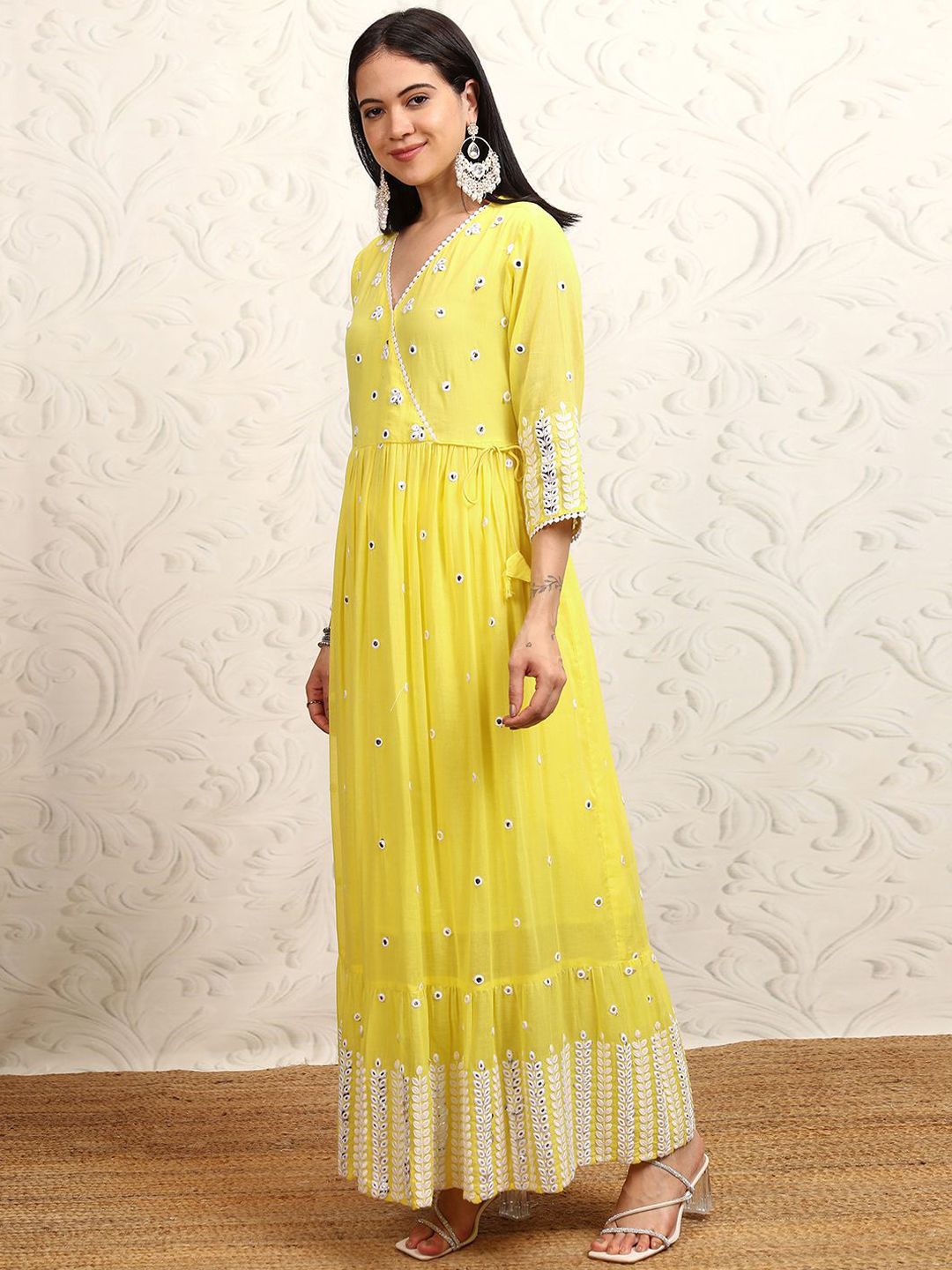 Vishudh Yellow Embroidered Mirror Work Pure Cotton Angrakha Kurta With Trousers & Dupatta