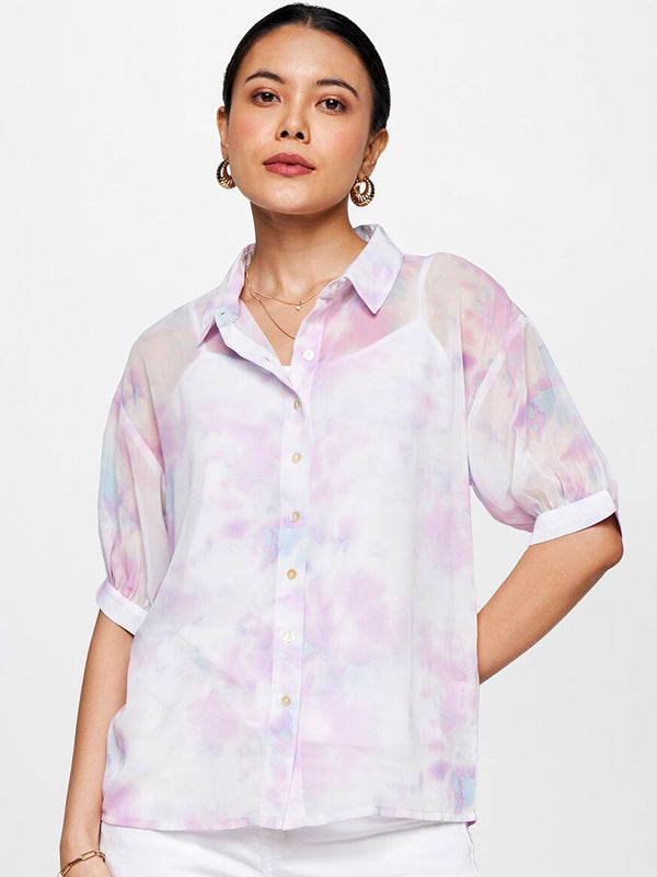 AND Print Semi-Sheer Cuffed Sleeves Shirt Style Top