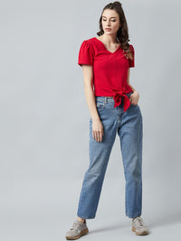 Athena Red Knotted Top With Puff Sleeves