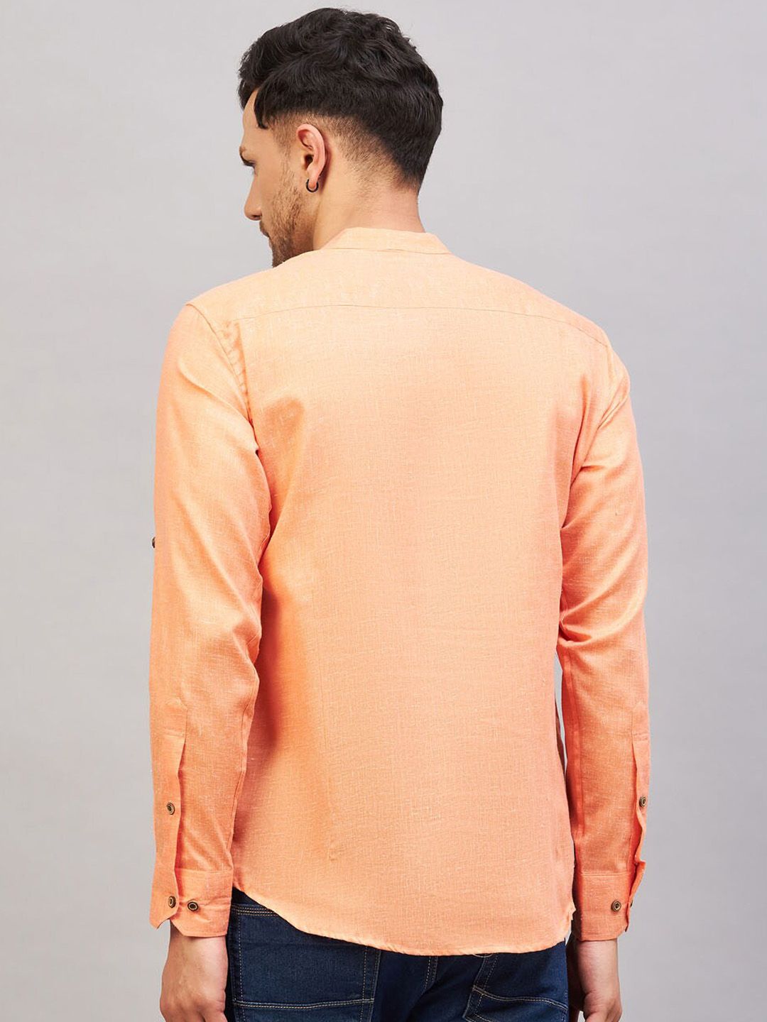 VASTRAMAY Band Collar Roll-Up Sleeves Cotton Straight Kurta