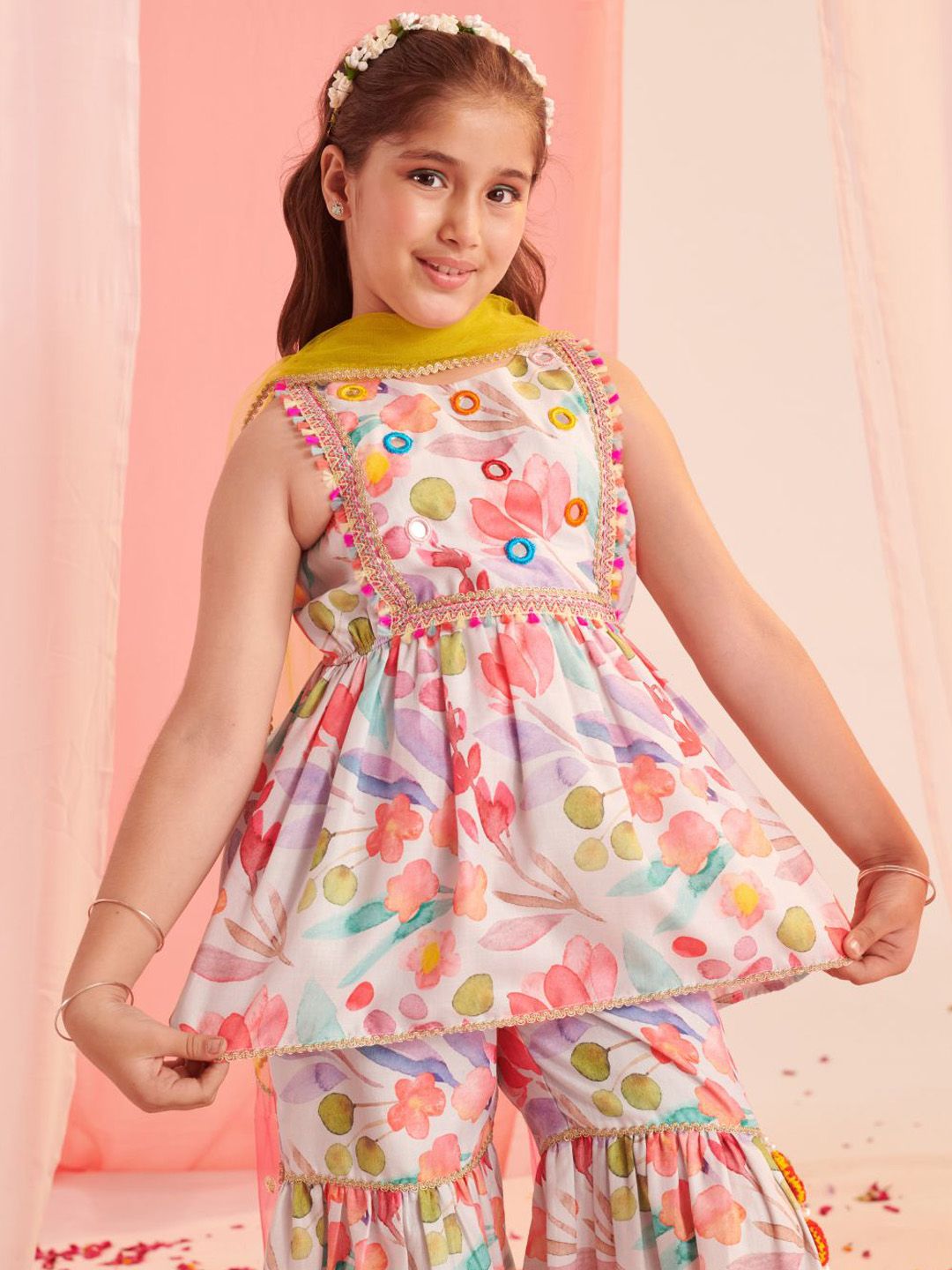 pspeaches Girls Floral Printed Angrakha Kurta with Sharara & With Dupatta