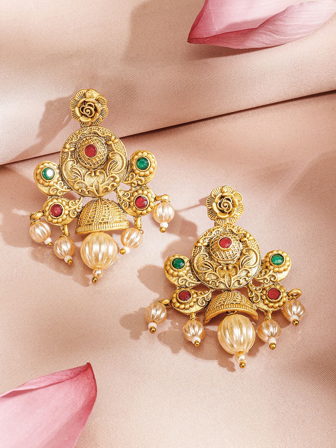Rubans 24K Gold Plated Ruby & Emerald Stones and Pearl & Golden  Beads Temple Jewelry Set