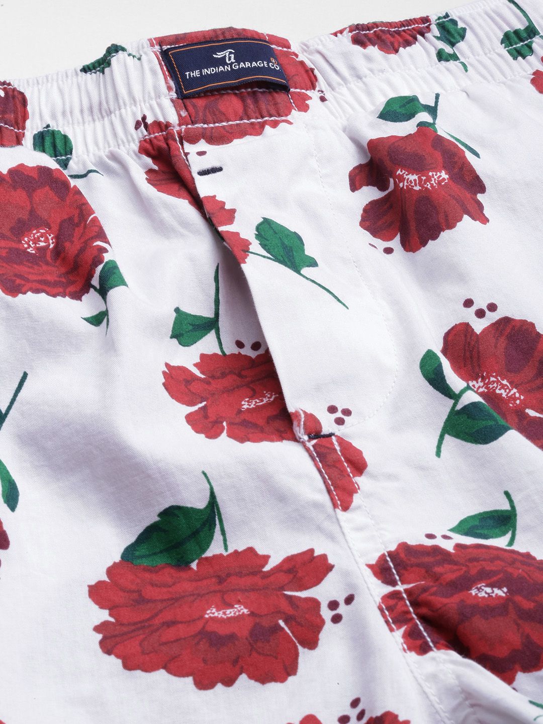The Indian Garage Co Men White & Red Printed Cotton Lounge Shorts