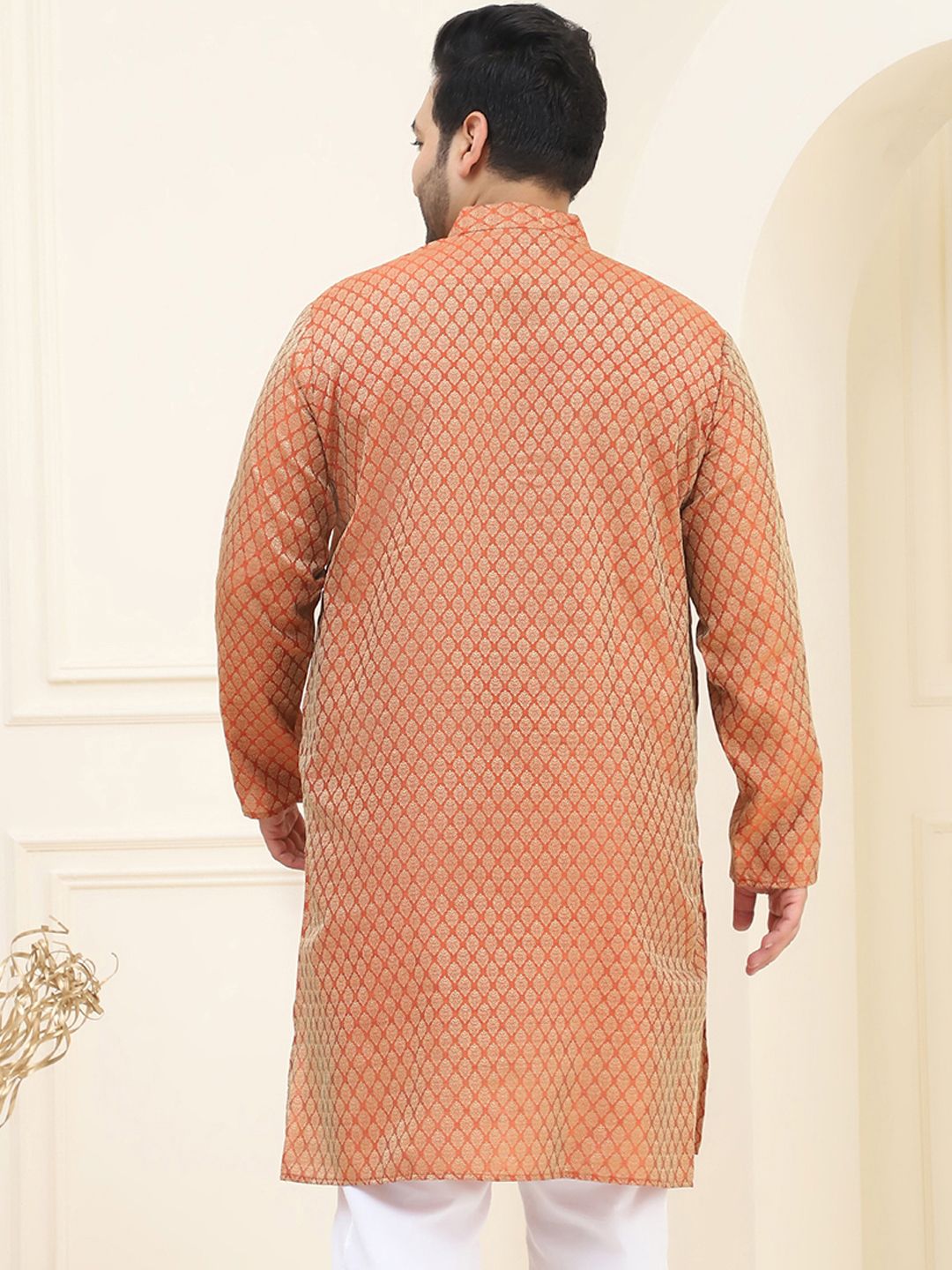 SOJANYA PLUS Lelaki Rust & Golden Jacquard Silk Woven Design Kurta Lurus