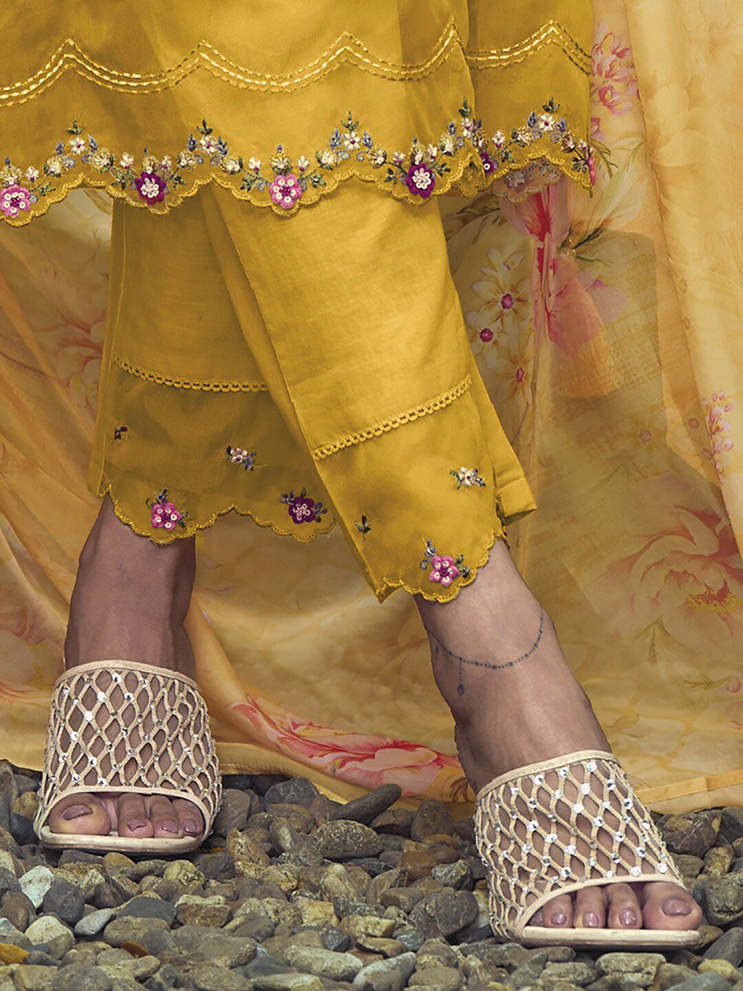 Indo Era Yellow Yoke Design Thread Work Pure Cotton Kurta With Trousers & Dupatta