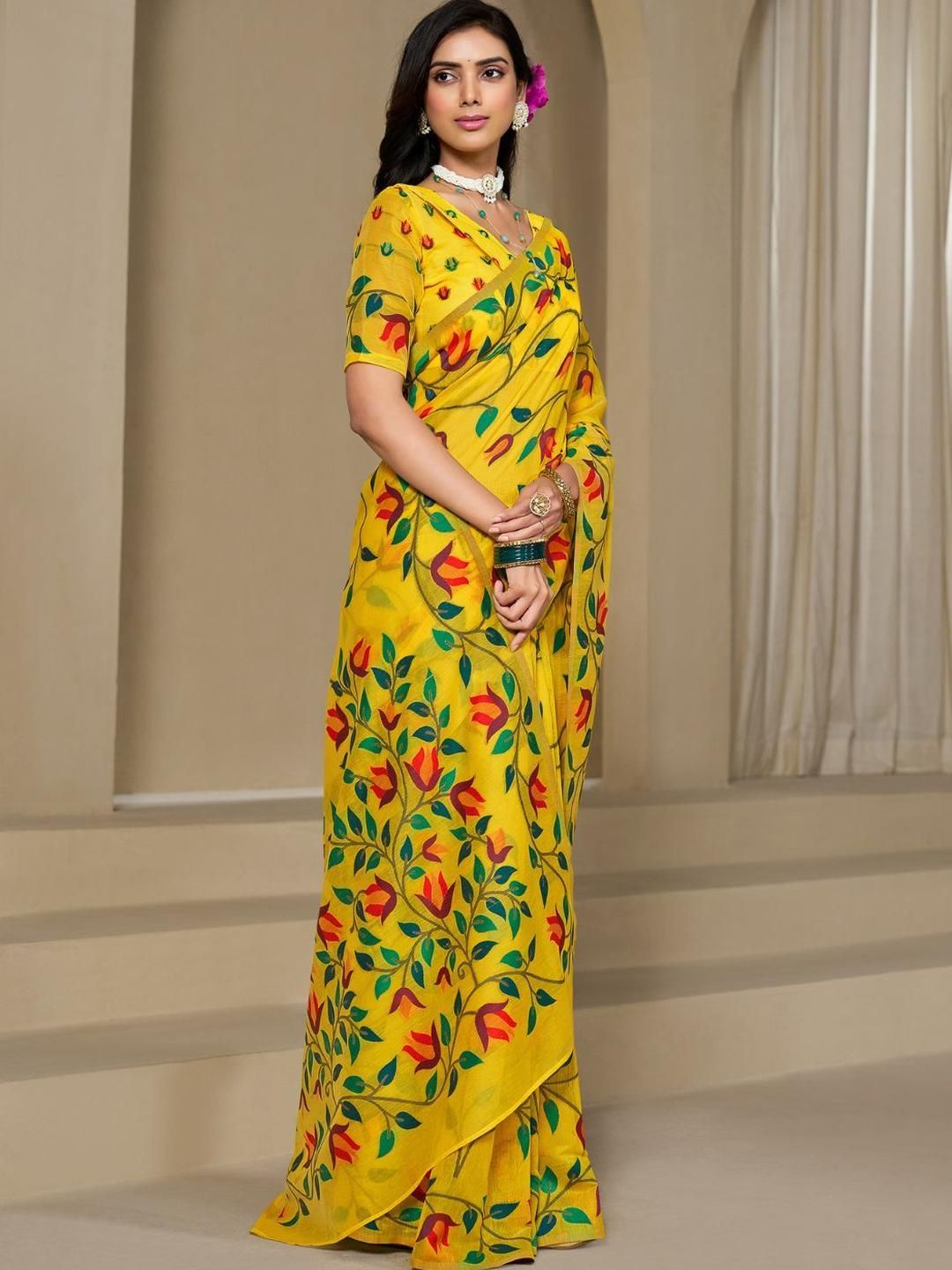 KALINI Yellow Pure Cotton Woven Design Sarees