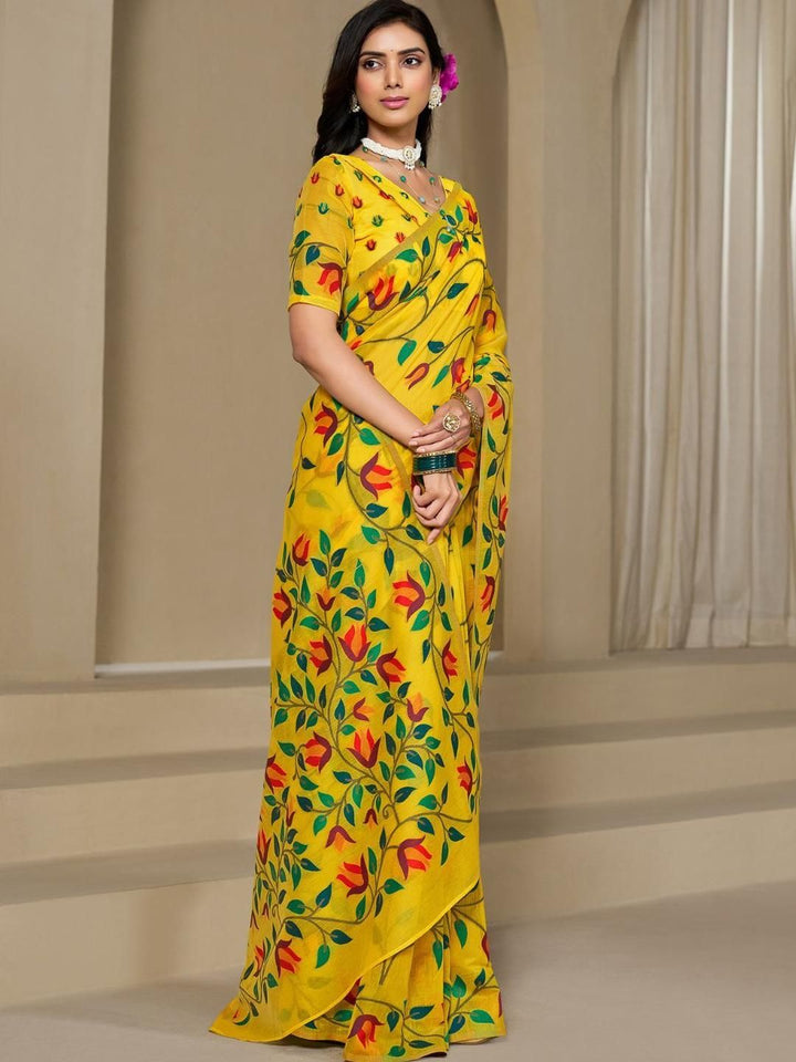 KALINI Yellow Pure Cotton Woven Design Sarees
