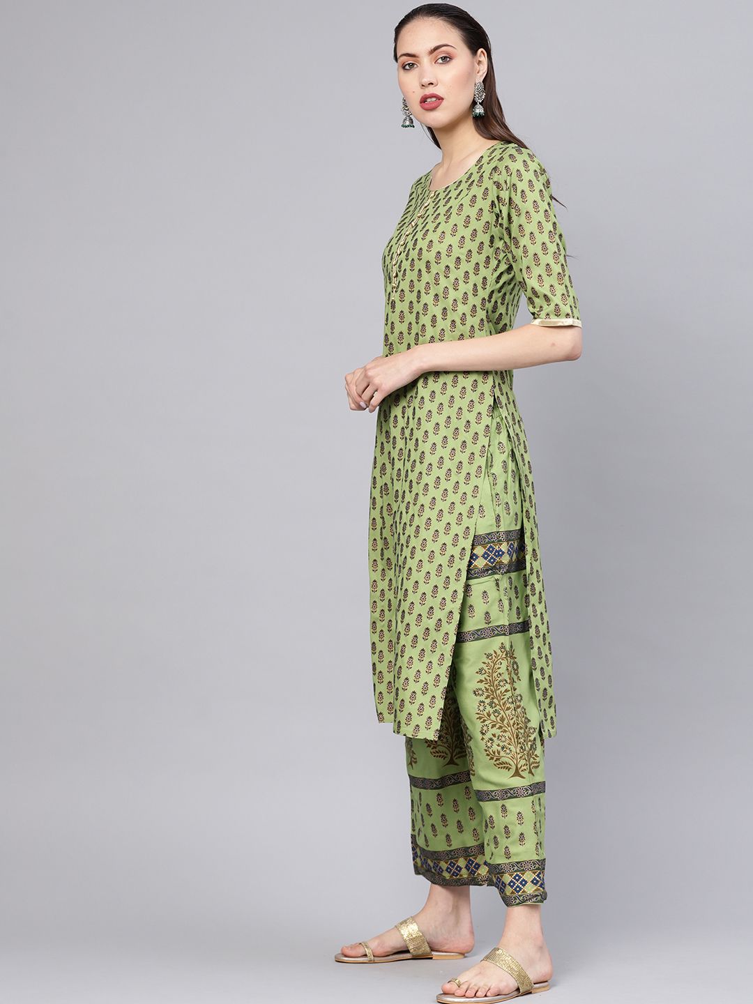 Libas Women Green & Navy Block Print Kurta with Palazzos