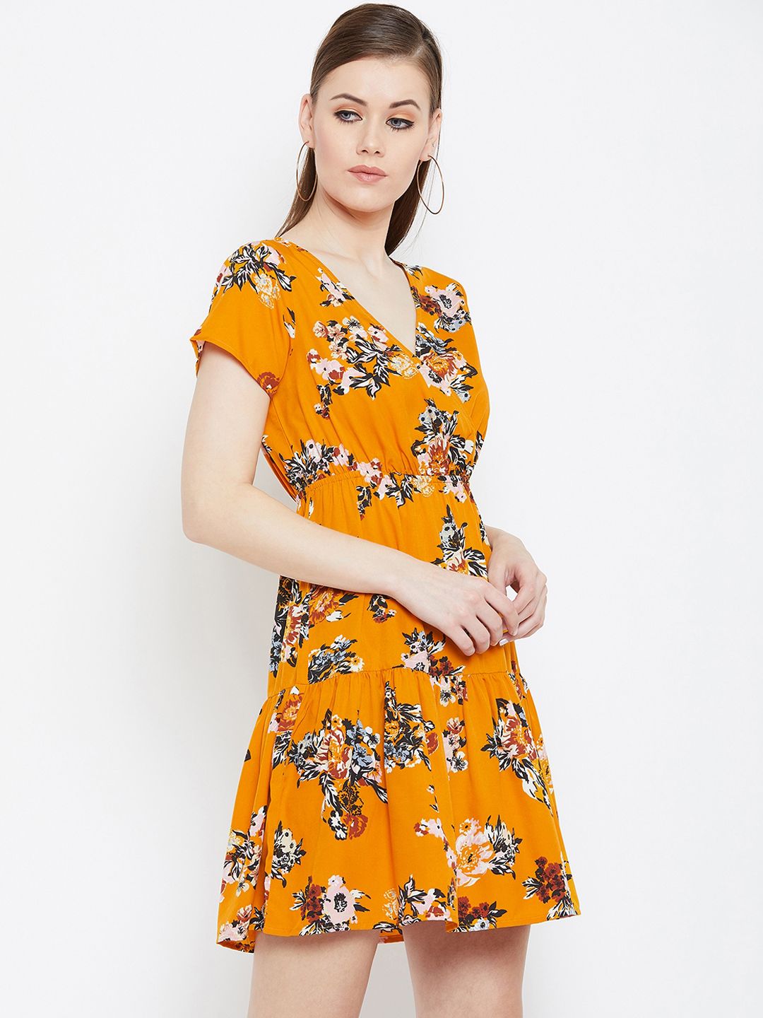 Berrylush Women Mustard Orange Floral Printed Empire Dress