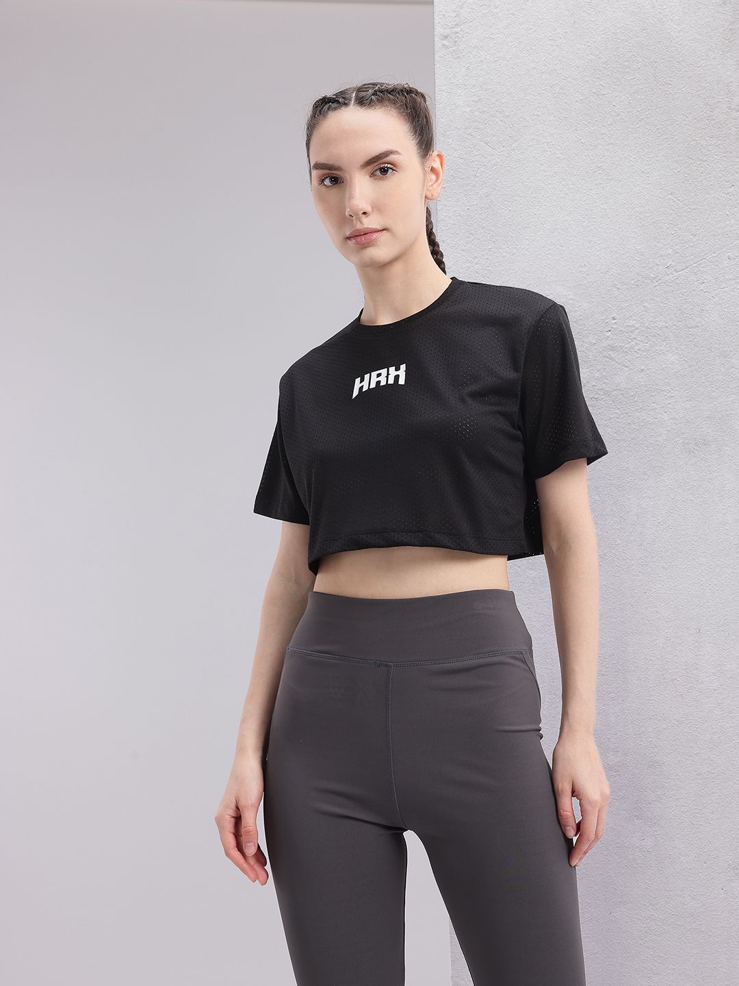 HRX by Hrithik Roshan Brand Logo Printed Relaxed Training Crop T-shirt