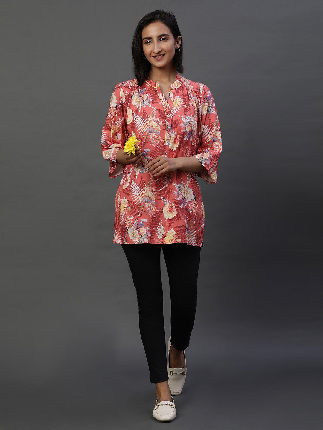 AURELIA Floral Printed Mandarin Collar Pure Cotton Kurti