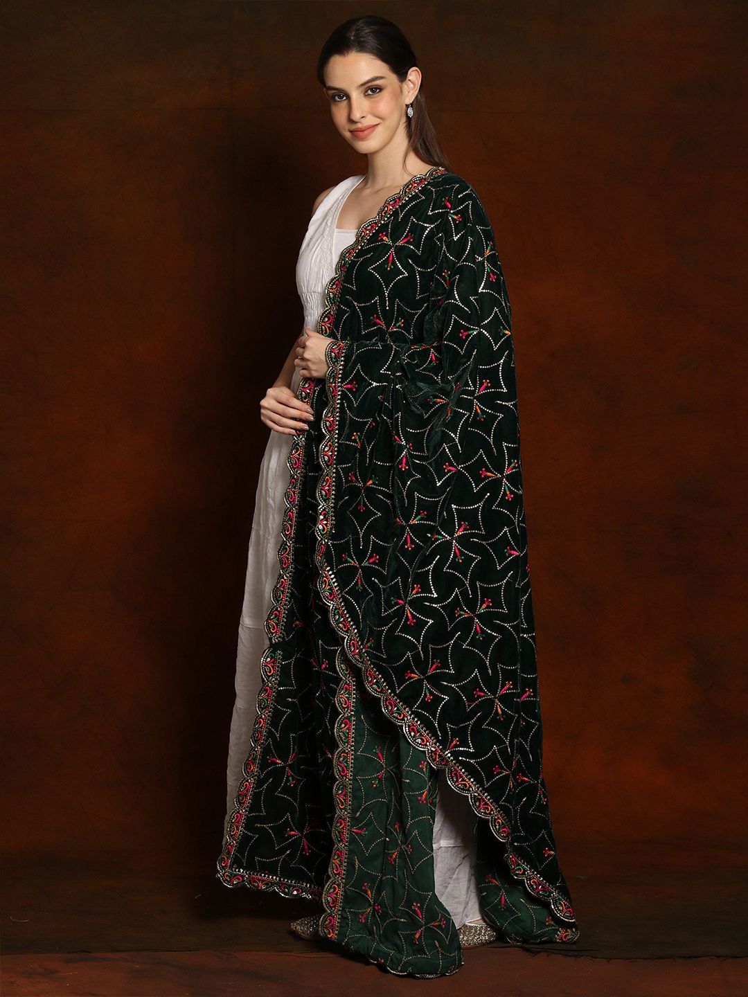 Exotic India Pine Grove Velvet Dupatta with Zari and Sequinned Diamond Pattern