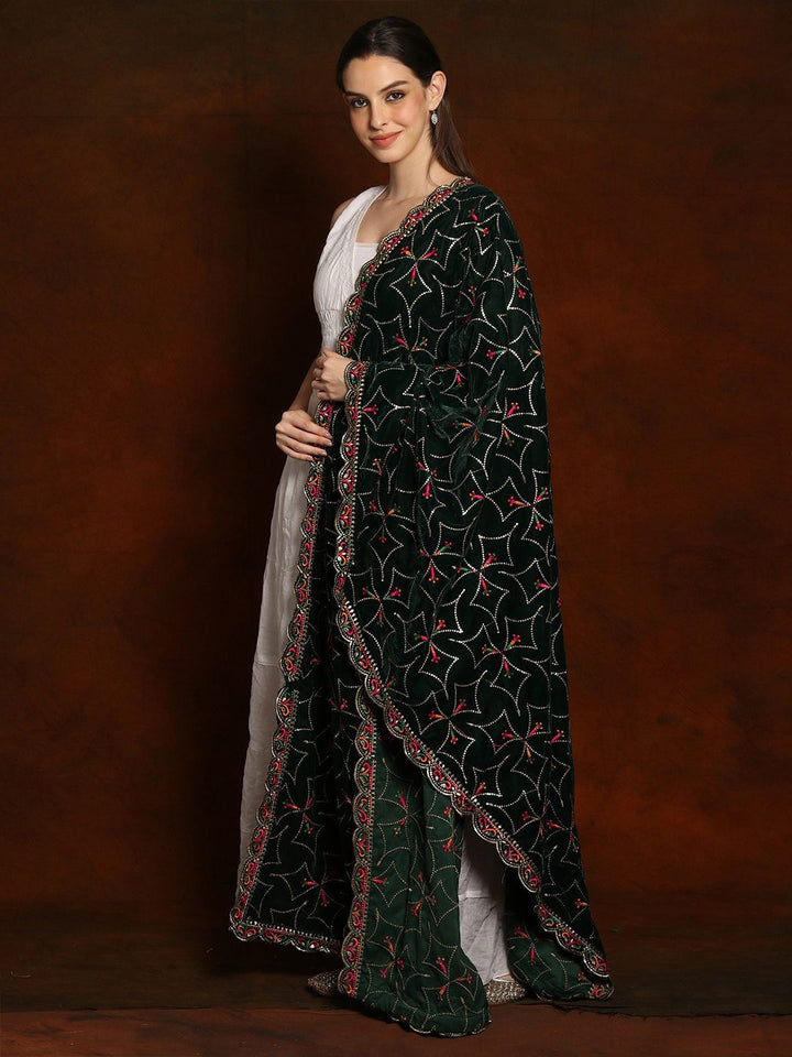 Exotic India Pine Grove Velvet Dupatta with Zari and Sequinned Diamond Pattern