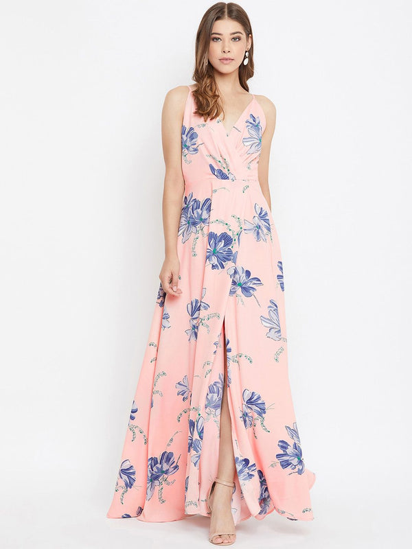 Berrylush Women Pink & Blue Floral Print Maxi Dress