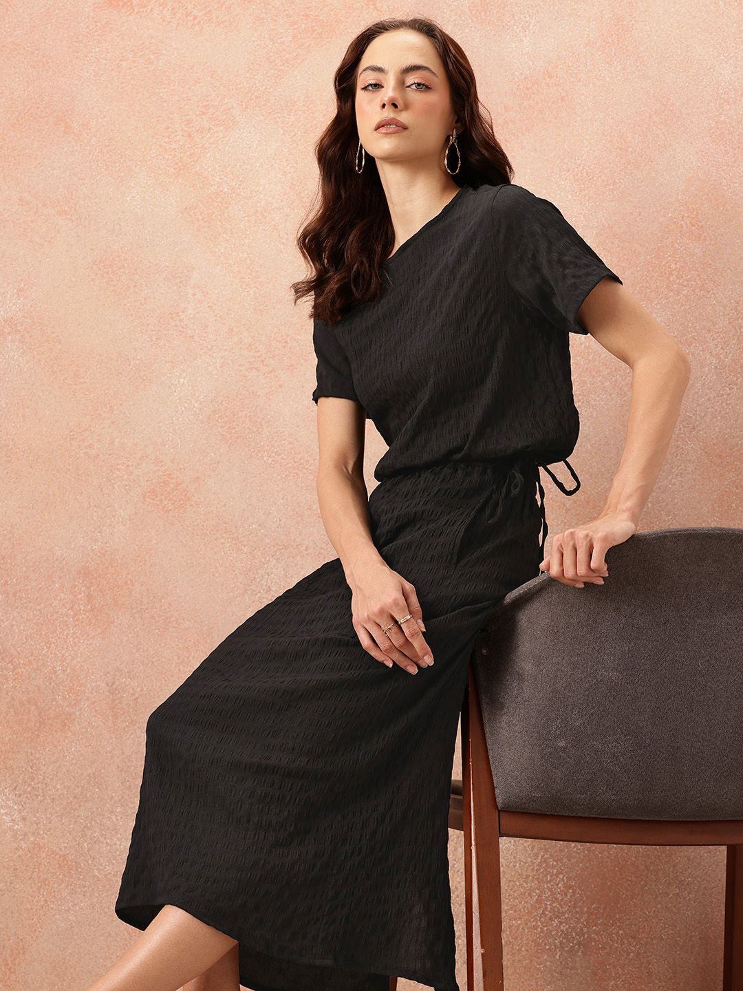 all about you Seersucker Effect Tie-Up Detail Top with Midi A-Line Skirt