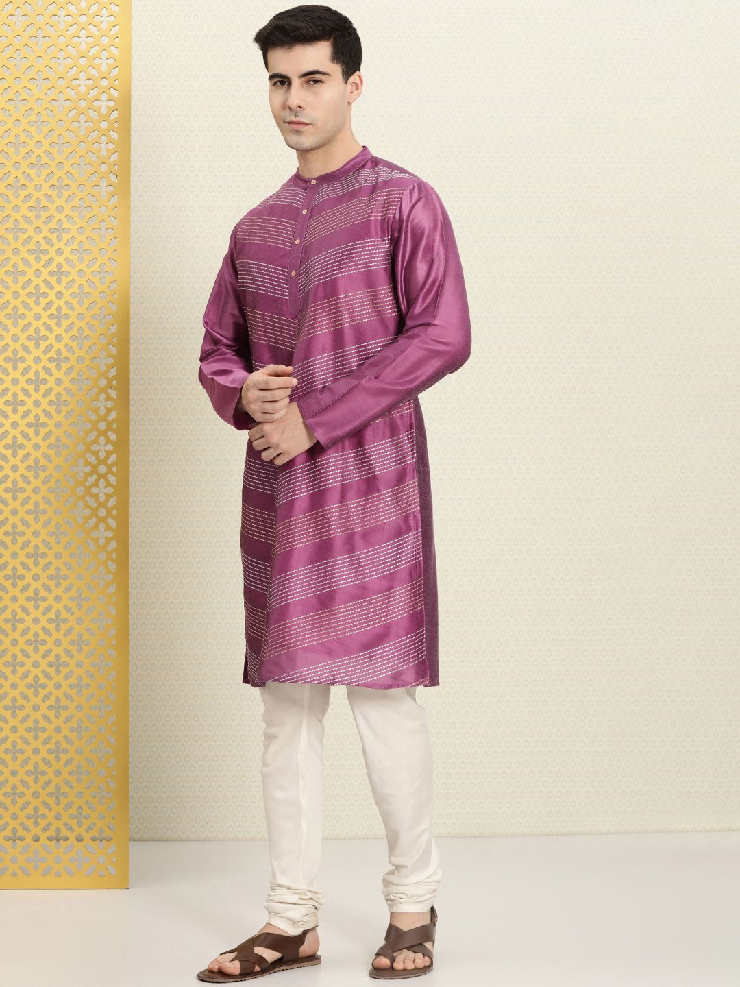 House of Pataudi Men Striped Band Collar Straight Rozana Kurta