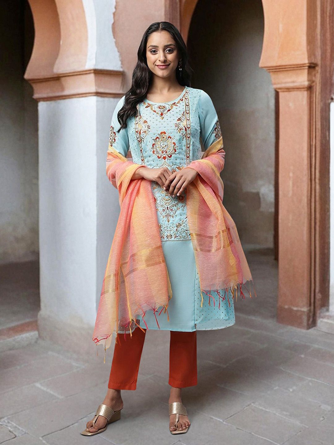 AURELIA Ethnic Motifs Embroidered Sequinned Kurta with Trousers & Dupatta