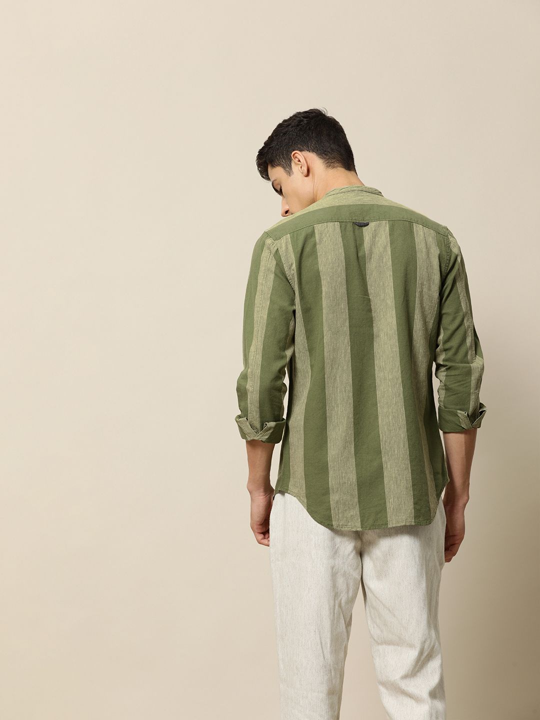 Mr Bowerbird Men Olive Green & Beige Tailored Fit Striped Cotton Linen Casual Shirt