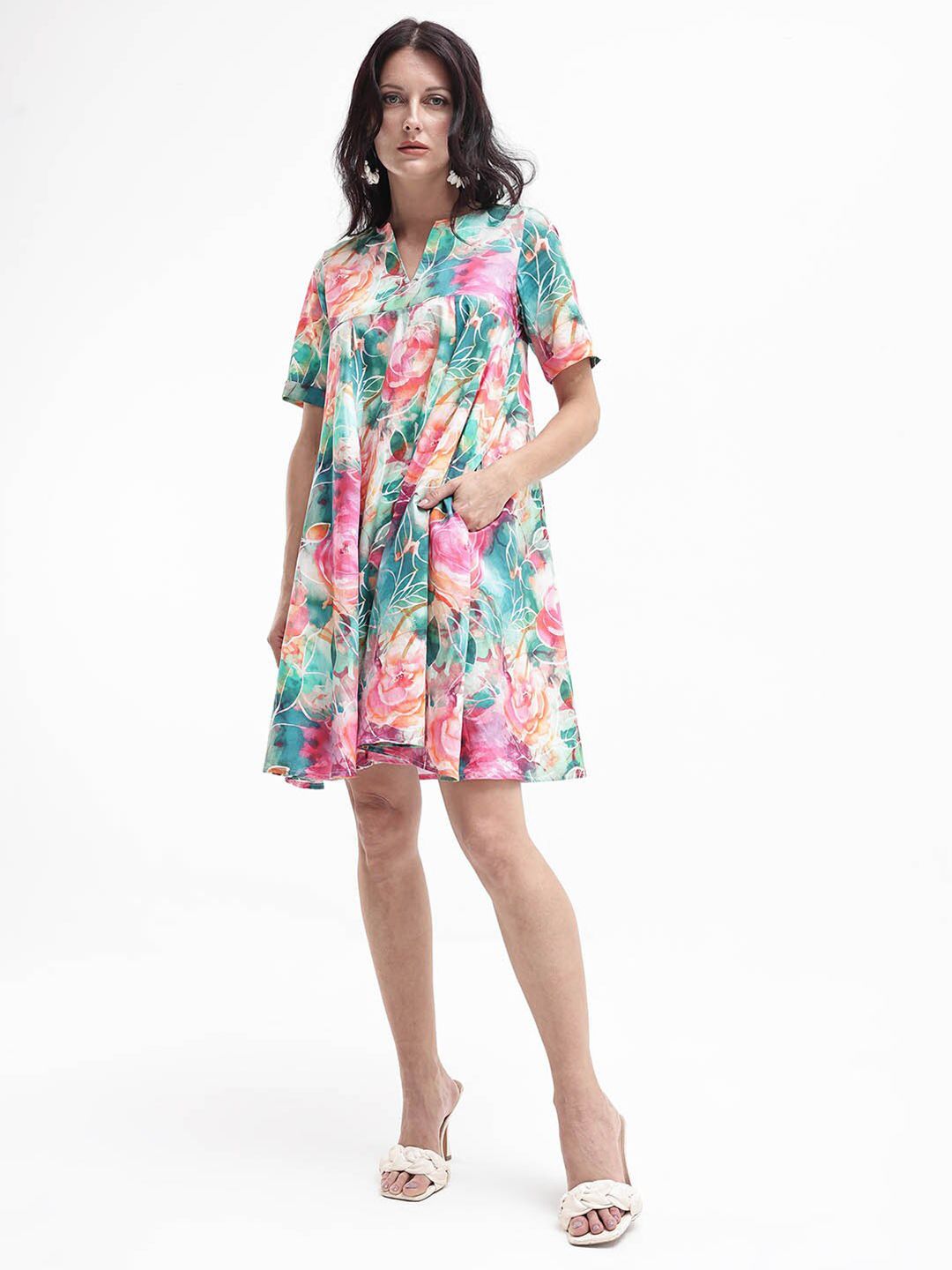RAREISM Women Floral Print Cotton A-Line Dress