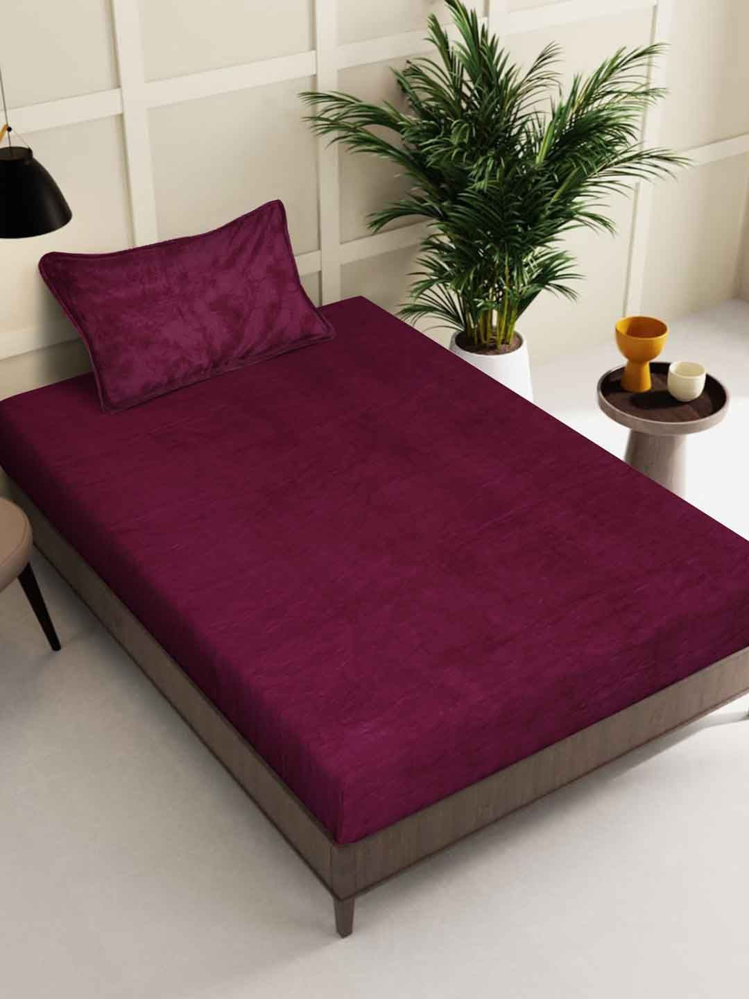 KLOTTHE Maroon Woolen 300 TC Single Bedsheet With Pillow Cover