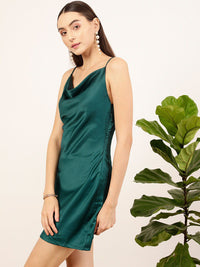 STREET 9 Green Shoulder Strap Sleeveless Satin Sheath Dress