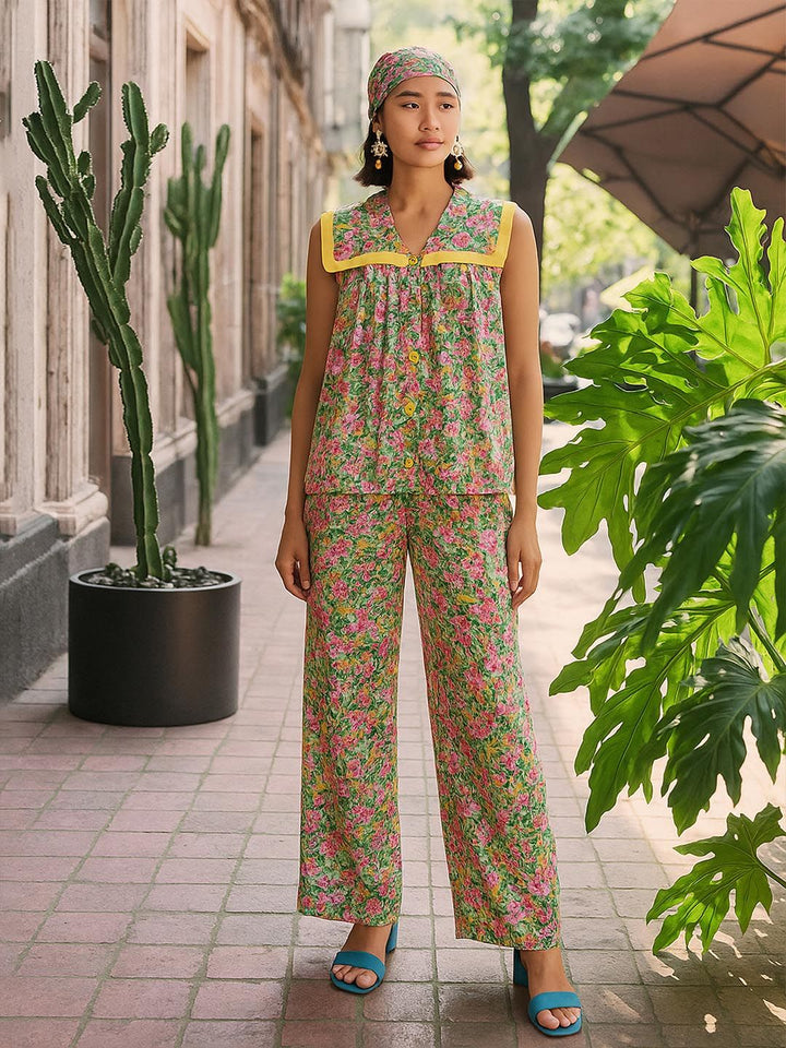 Pink Paprika by SASSAFRAS Floral Printed V Neck Peplum Top With Trousers Co-Ords