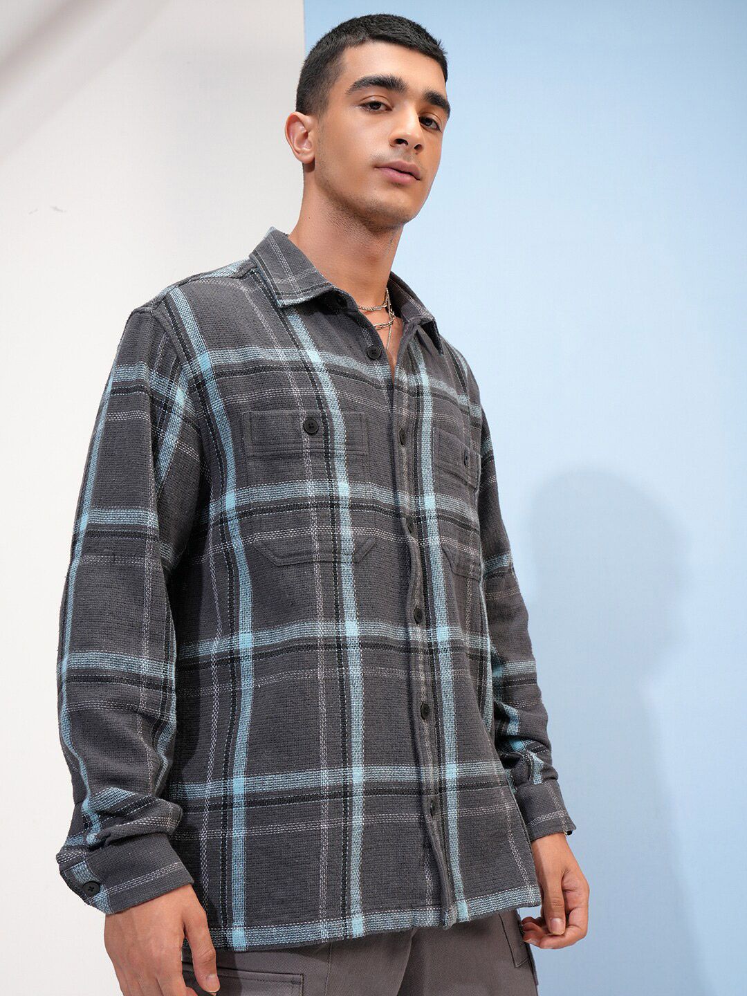 Highlander Men Oversized Textured Dobby Checked Overshirt