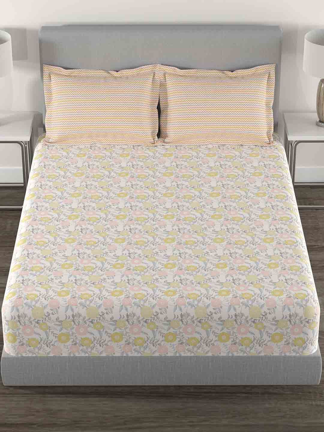 MYTRIDENT Doodle Flora Peach Flat 144TC Queen Cotton Bedsheet Set