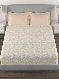MYTRIDENT Doodle Flora Peach Flat 144TC Queen Cotton Bedsheet Set