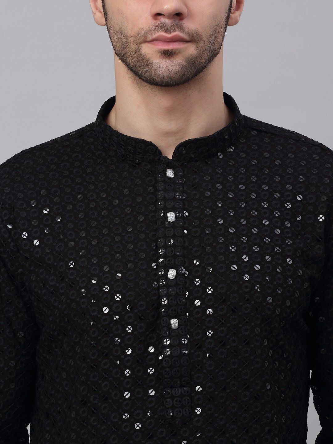 Jompers Men Black Floral Embroidered Chikankari Pure Cotton Kurta with Churidar