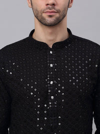 Jompers Men Black Floral Embroidered Chikankari Pure Cotton Kurta with Churidar