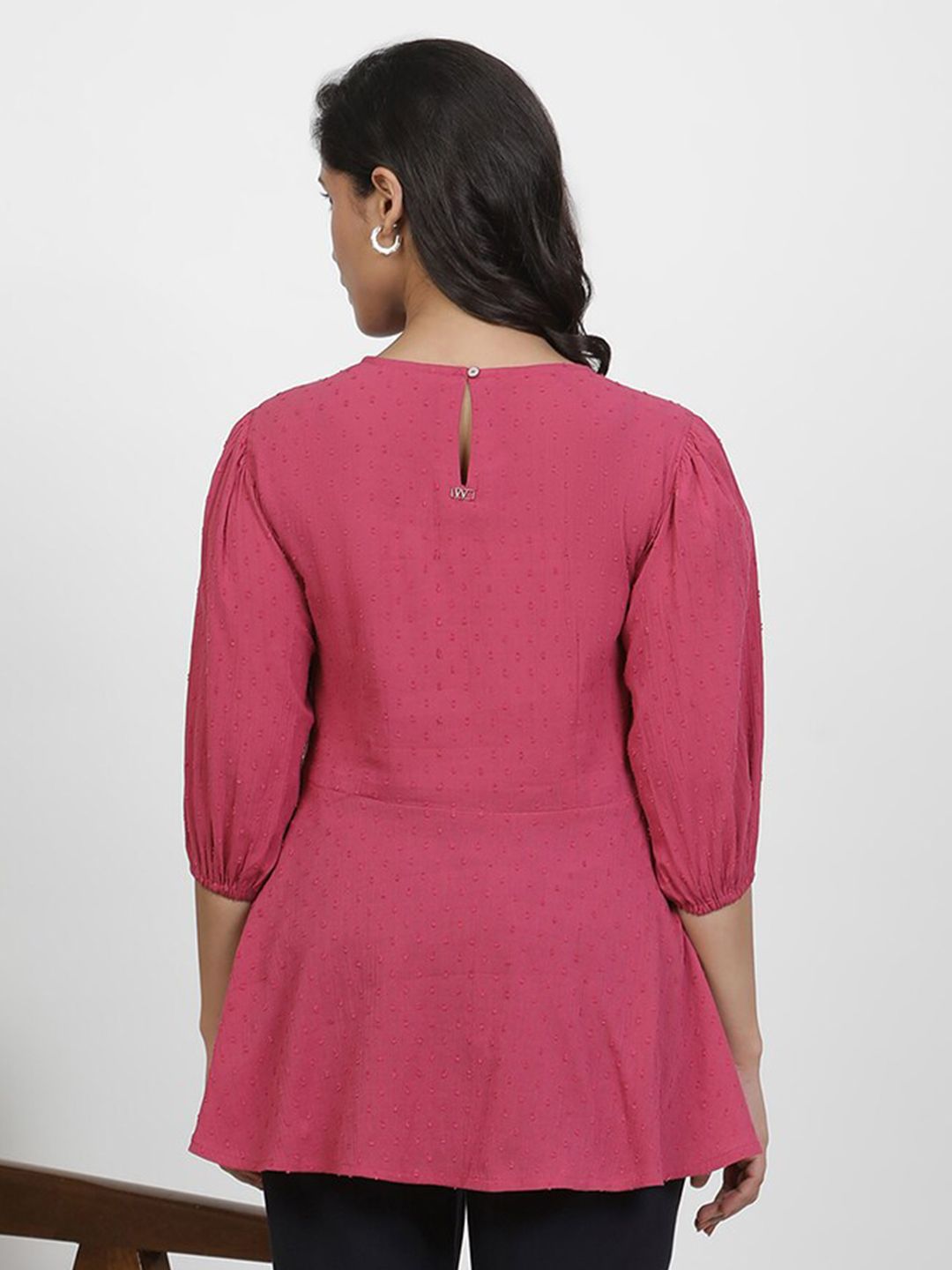 W Floral Embroidered Puffed Sleeves Pure Cotton Longline A-Line Top