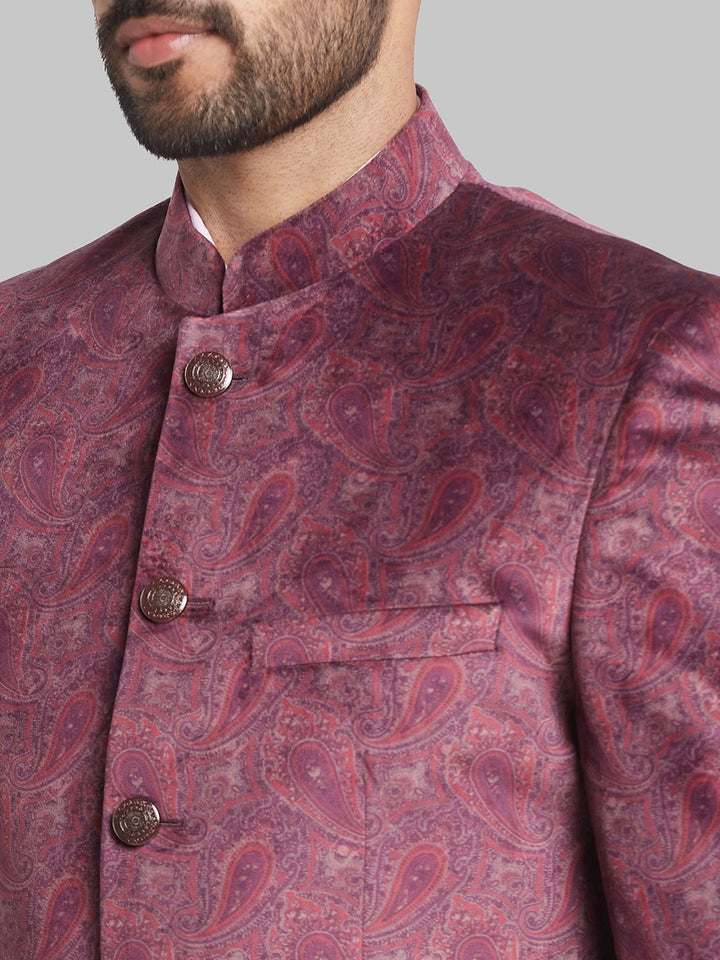 Raymond Paisley Printed Single-Breasted Velvet Finish Contemporary Fit Bandhgala Suit