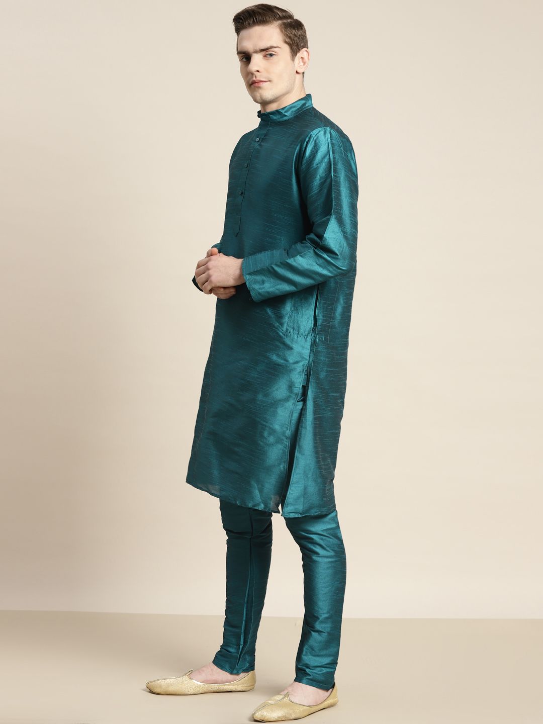 SOJANYA Men Teal Ethnic Motifs Embroidered Thread Work Kurta with Churidar