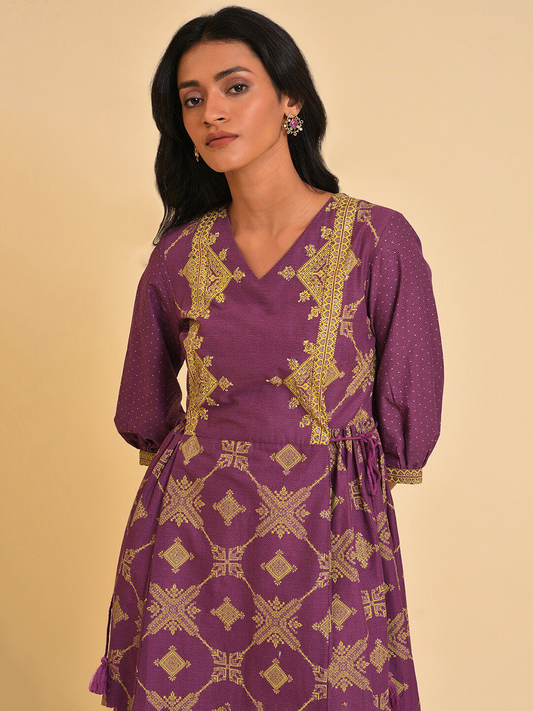 W Purple Ethnic Motifs Print Pure Cotton Fit & Flare Ethnic Midi Dress