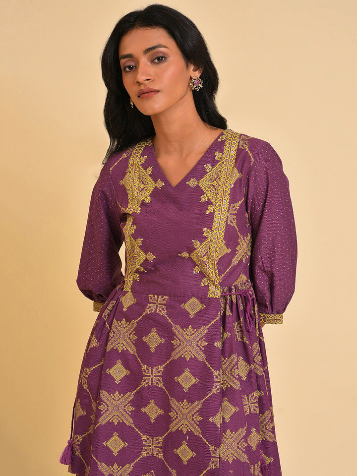 W Purple Ethnic Motifs Print Pure Cotton Fit & Flare Ethnic Midi Dress