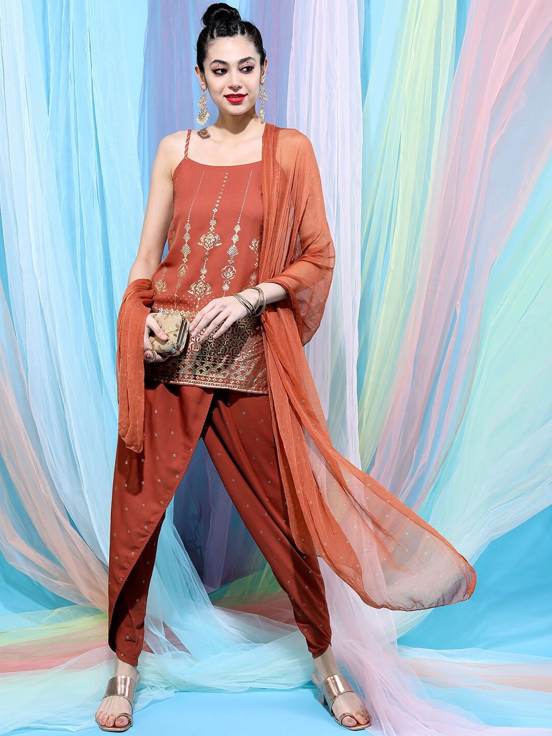 Vishudh Women Ethnic Motifs Printed Kurti with Dhoti Pants & Dupatta