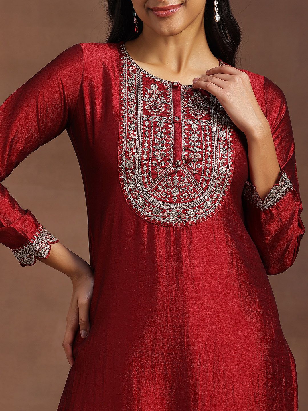 Libas Women Maroon Yoke Design Embellished Kurta
