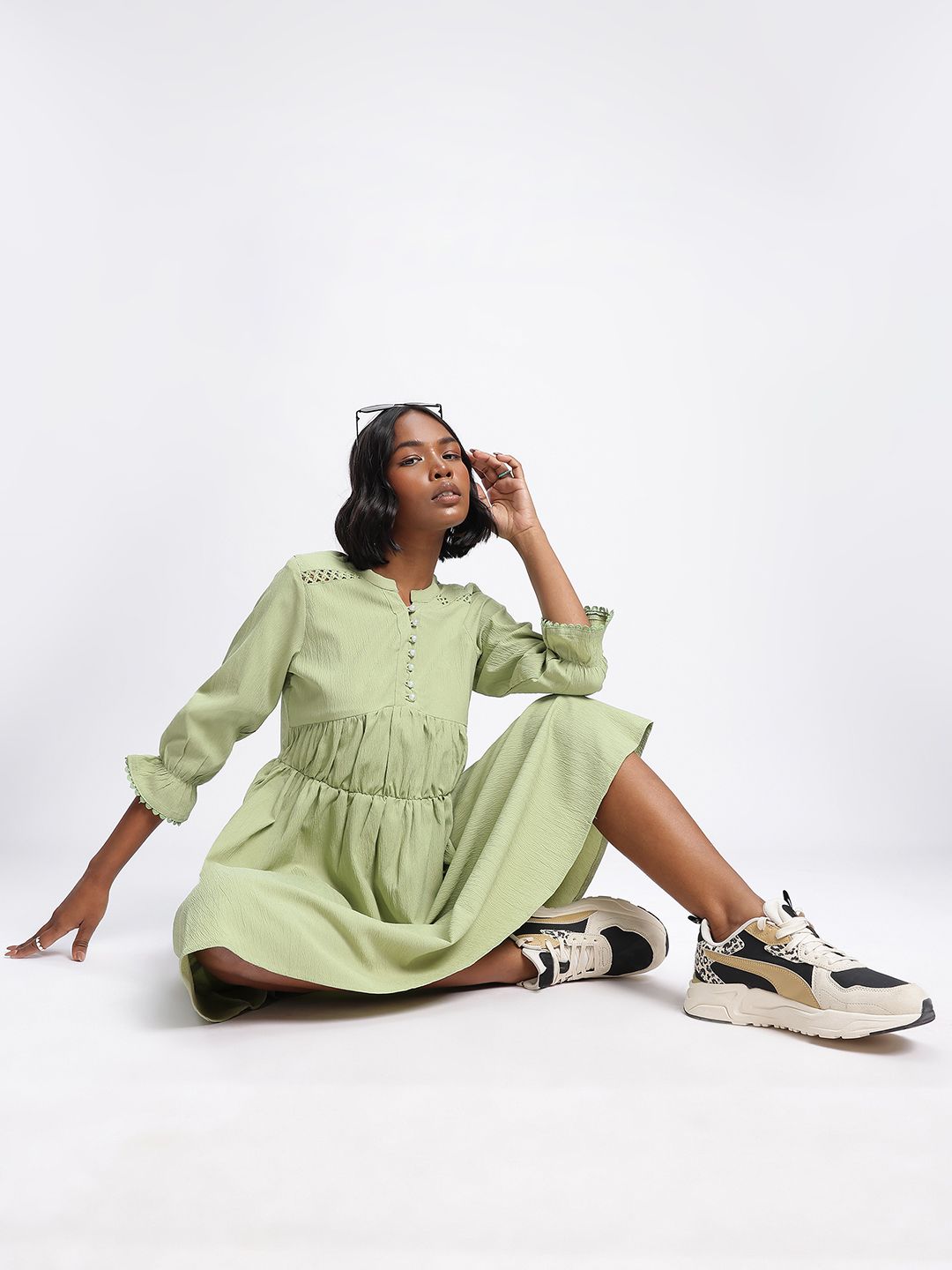 DressBerry Gathered Sophistication A-line Dress with Lace Insert