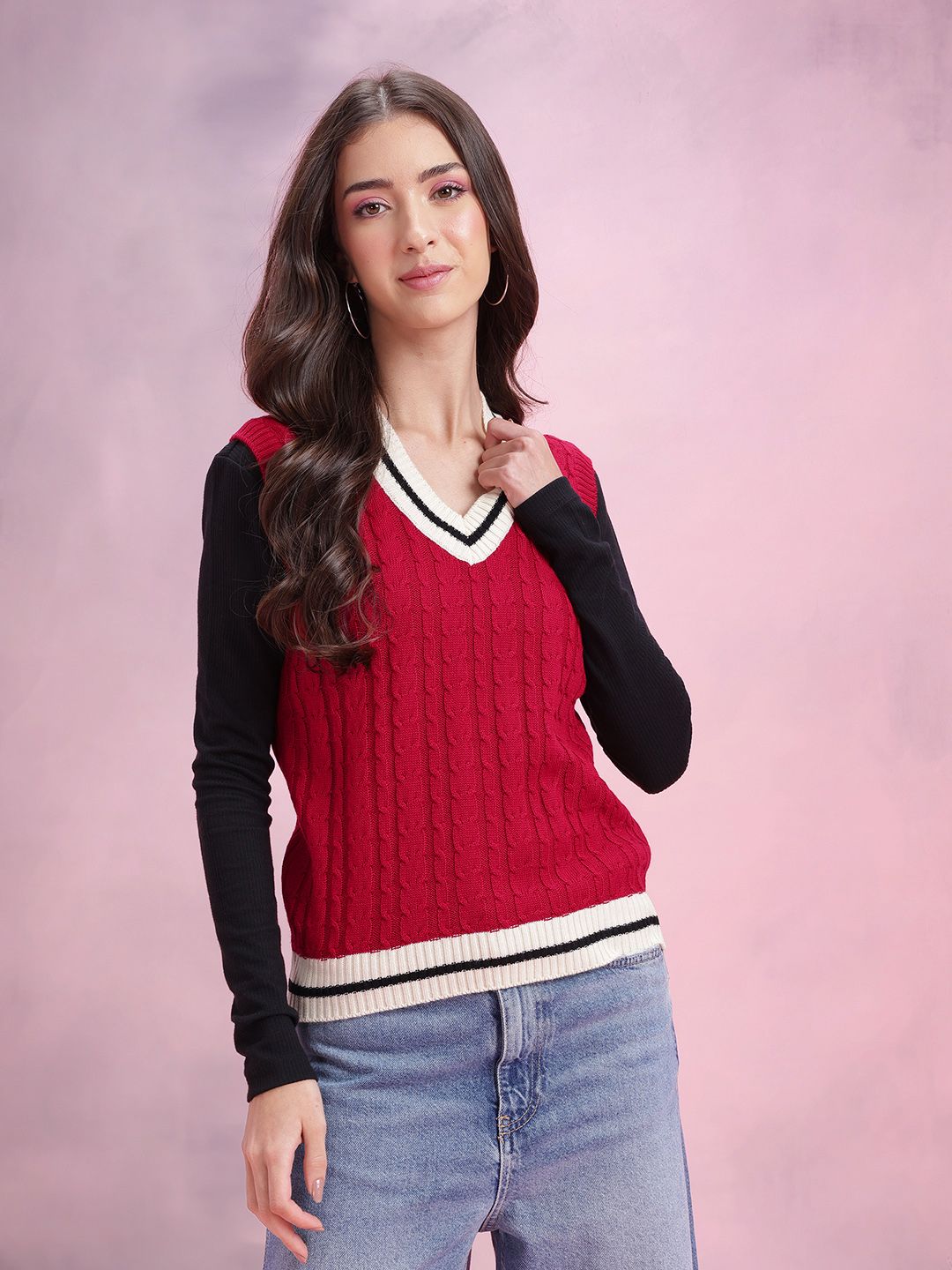 DressBerry Cable Knit Contrast Trim Sweater Vest