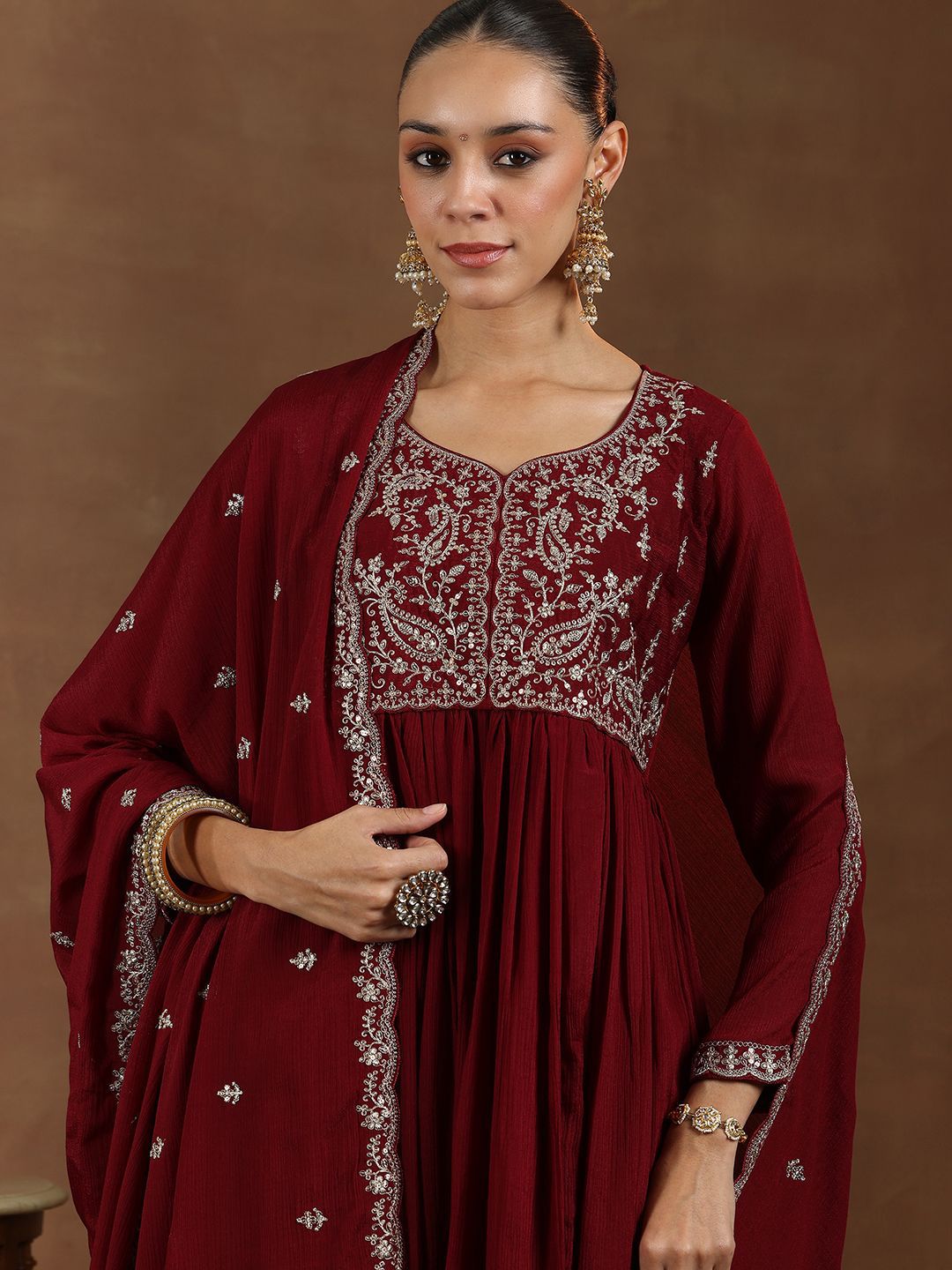 Libas Floral Yoke Design Zari Anarkali Kurta with Trousers & Dupatta