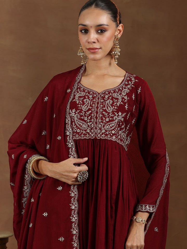 Libas Floral Yoke Design Zari Anarkali Kurta with Trousers & Dupatta