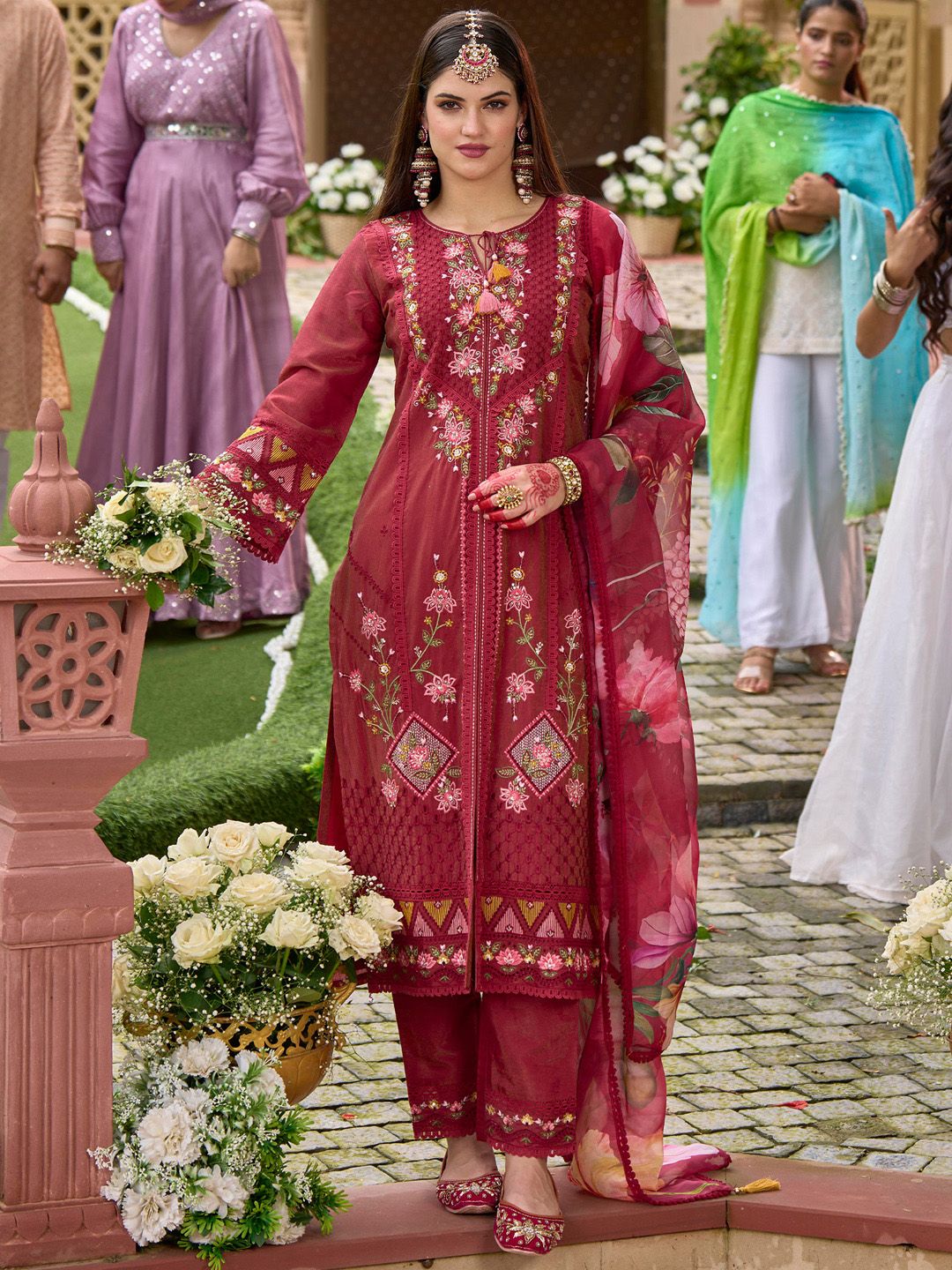 Indo Era Women Floral Embroidered Regular Thread Work Kurta with Trousers & With Dupatta