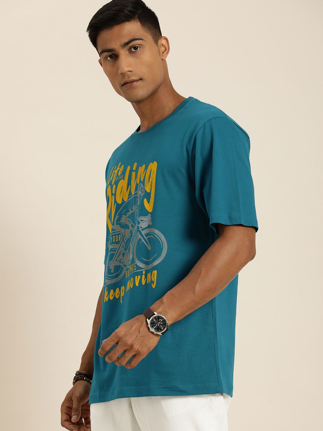 DILLINGER Men Teal Blue & Yellow Graphic Printed Oversized T-shirt