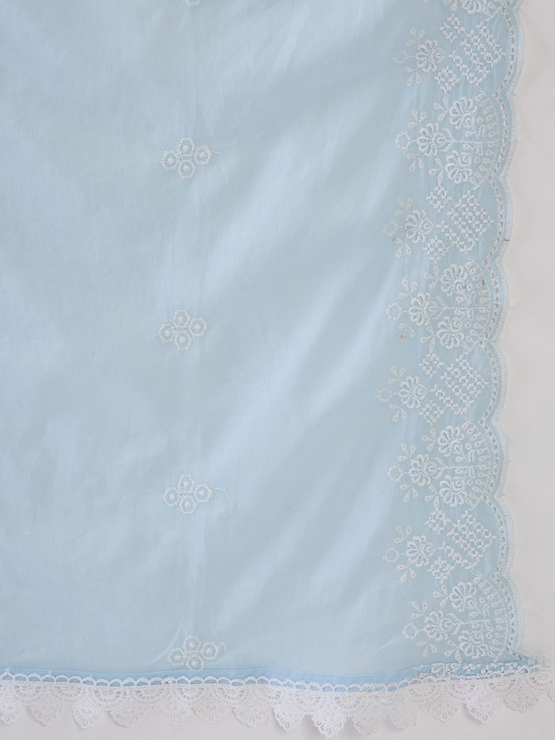 Indo Era Blue Floral Embroidered Thread Work Pure Cotton Kurta With Trousers & Dupatta
