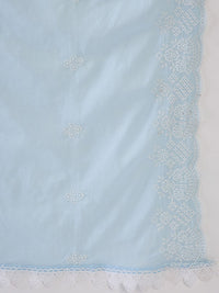 Indo Era Blue Floral Embroidered Thread Work Pure Cotton Kurta With Trousers & Dupatta
