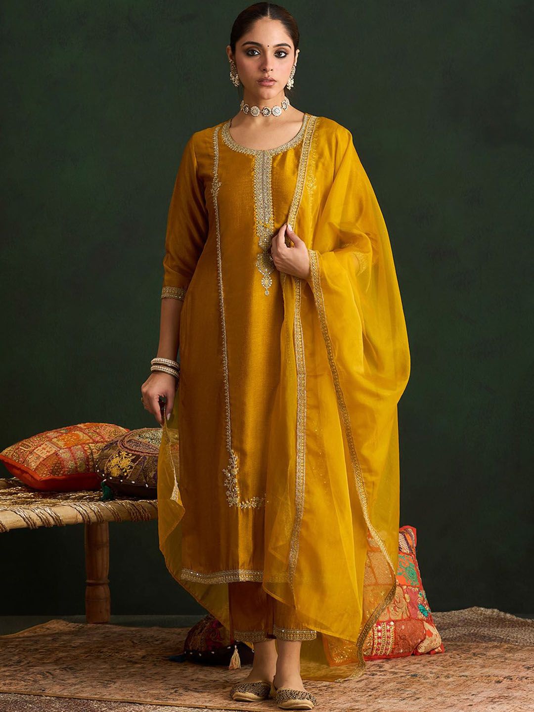 Indo Era Ethnic Motifs Embroidered Sequinned Kurta With Trousers & Dupatta