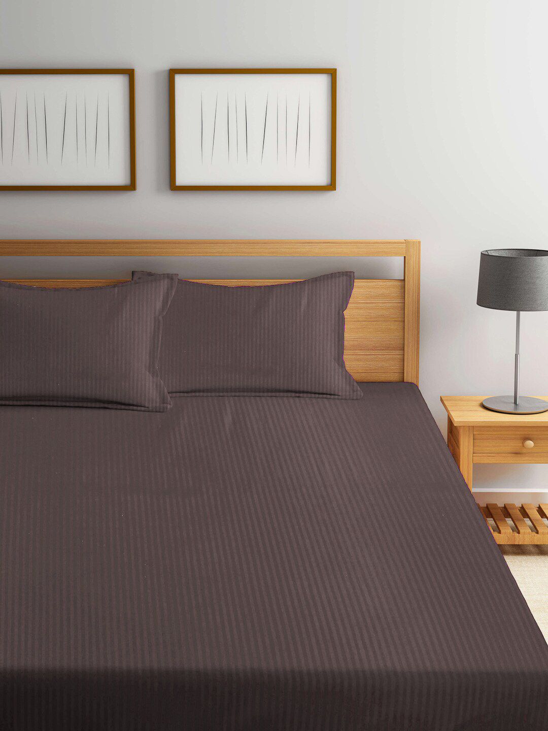 KLOTTHE Kapas Berjalur Coklat Boleh Bernafas 300 TC Cadar Tempat Tidur King Halus dengan 2 Sarung Bantal-250 x 225 cm