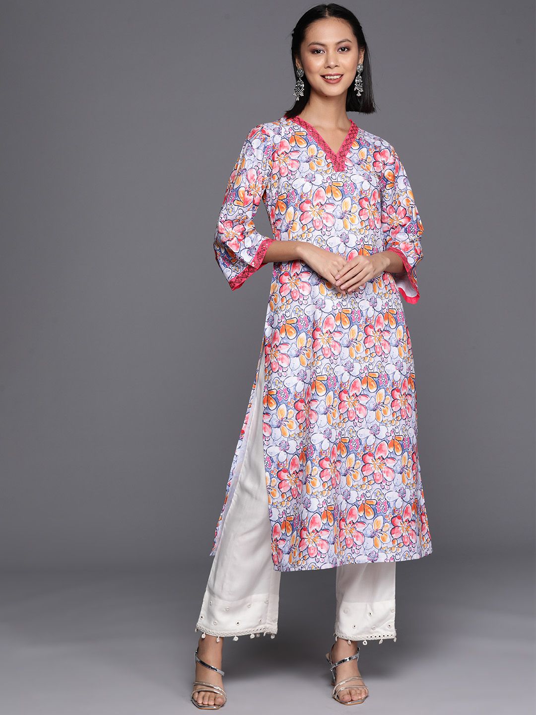 Varanga Floral Printed Flared Sleeves Sequinned Kurta
